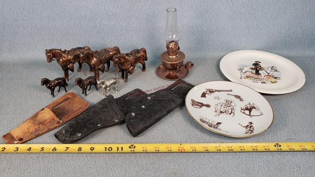 Vintage Bronze Horses, Western Plates, Holsters,