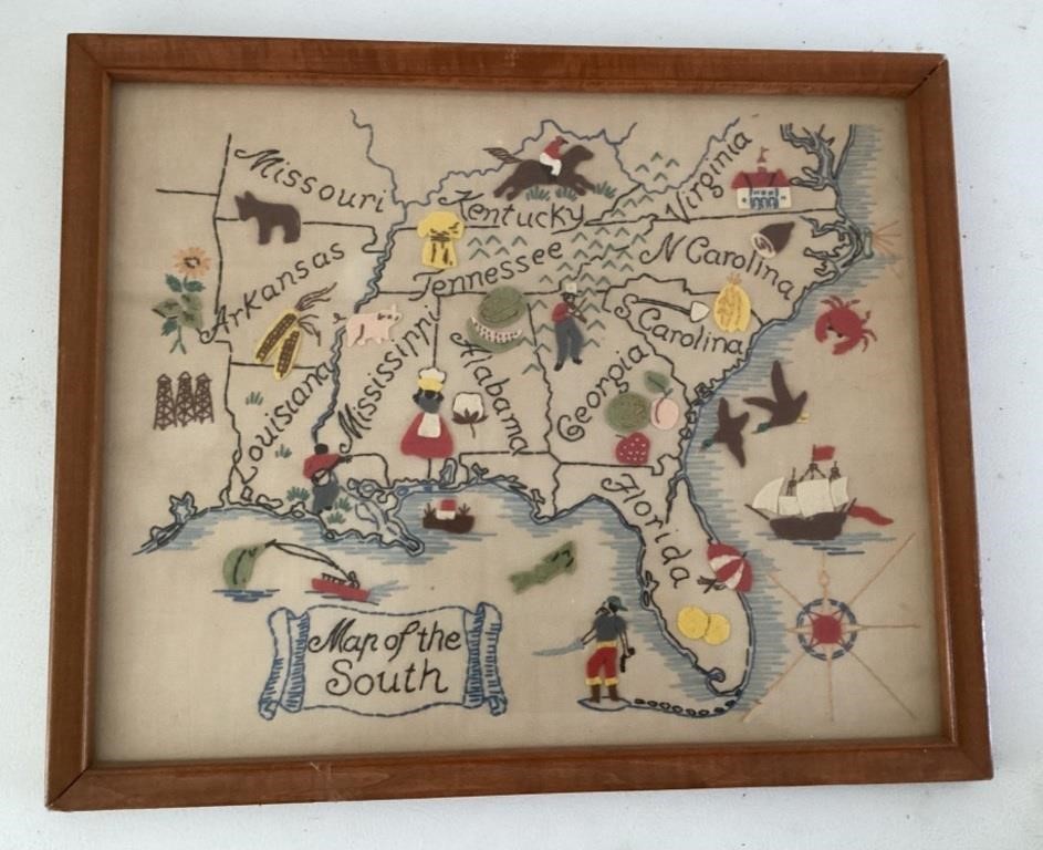 Embroidered map of southern United States