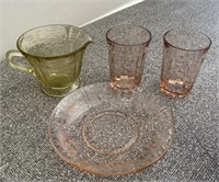 DEPRESSION GLASS JUICE CUPS SAUCER AND CREAMER