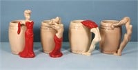 (4) Dorothy Kindell "Strip Tease" Ceramic Mugs