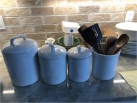 Stoneware Canister set with misc kitchen tools.