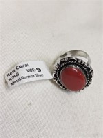 German Silver Red Coral Ring Size 9