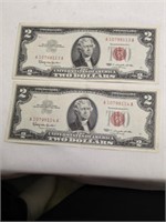 2 Consecutive Serial # Two Dollar Red Seals