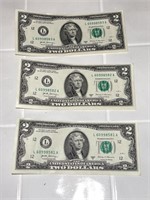 3 Sequential Two Dollar Bills