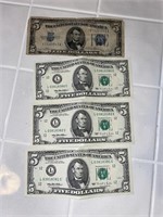 1934 $5 bill Blue note & 3 Sequential $5 Bills