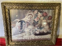 Cat picture in antique frame