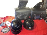 Leather  saddlebags helmets