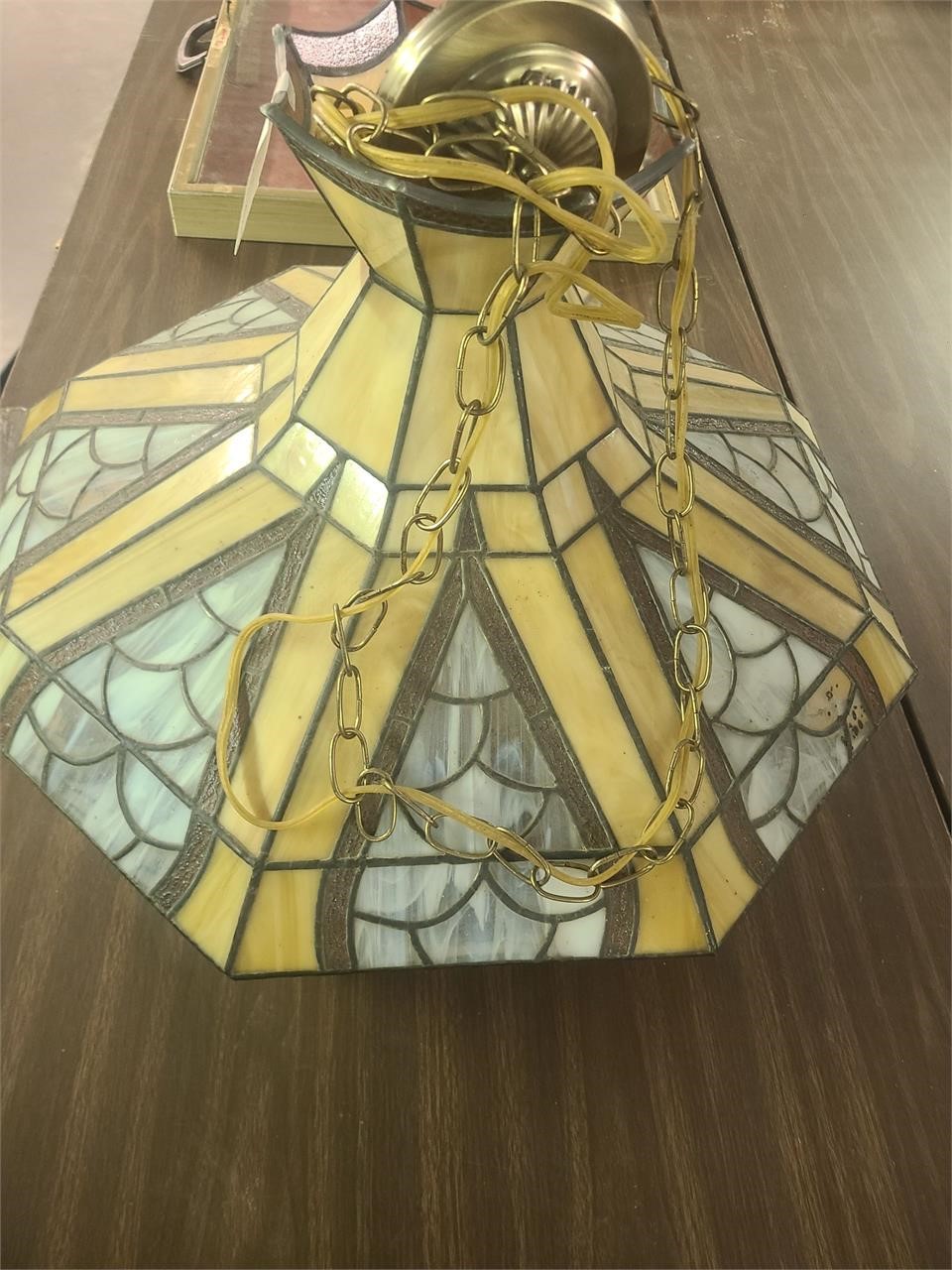 Vintage stained glass hanging lamp shade.