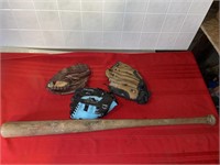 Baseball, bat and gloves