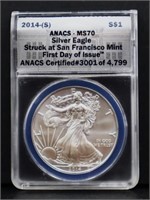 Graded 2014S First Day Of Issue silver eagle coin
