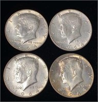 (4) 1964–D Kennedy Silver Half Dollar Coins