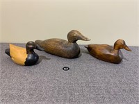 3 Carved Wood Duck Decoys, 1 Signed