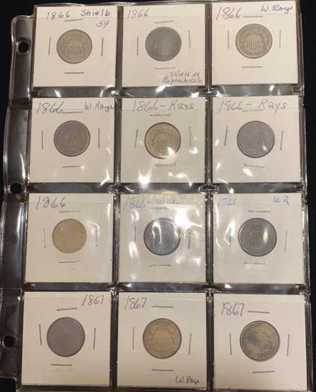 (12) 1866 & 1867 Shield Nickels