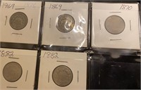 (5) 1869, 1870  & 1882 Shield Nickels