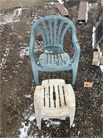 Green plastic chair with grey stool