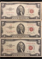 (3) 1953 Red seal $2 bills