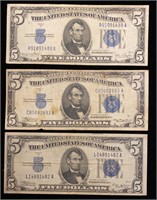 (3) $5 silver certificates 1934, 1934B, 1934D