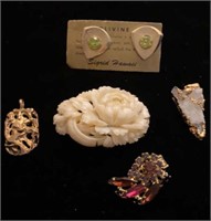 Carved Coral? Brooch, Peridot Cuff Links