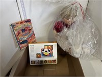 Box lot- doll, book, misc