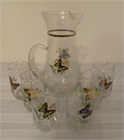 Glass Pitcher with gold band & butterflies and