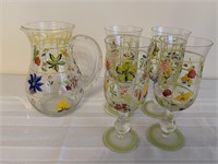 Painted Pitcher and 4 matching glasses