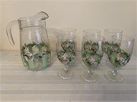 Handpainted tea pitcher and 6 matching glasses