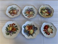 6 Fruit themed plates with gold trim