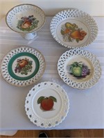 Compote, large bowl, and 3 plates with cutwork