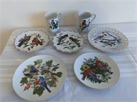 5 Plates and 2 mugs with bird designs