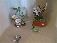 Porcelain Hummingbirds & two Hummingbird Ornaments
