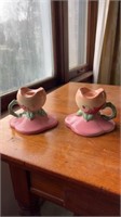 HULL POTTERY W30 orange and pink candleholders