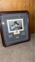 Framed and matted  wildlife print and stamps