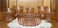 PINK DEPRESSION FORTUNE CANDY DISH & (5) GLASSES