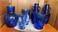 COBALT BLUE GLASSES , BOTTLES. PITCHER AND VASE