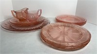 (14) PINK DEPRESSION PLATES, SERVER, CREME & SUGAR