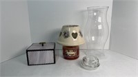 CANDLE LAMP, GLASS JEWELRY BOX & MORE