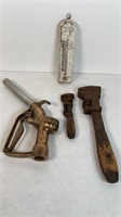 VINTAGE OPW GAS NOZZLE, PIP WRENCHES