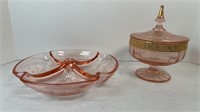 PINK DIVIDED SERVING DISH & COVERED COMPOTE