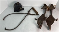 VINTAGE ICE SKATES, TONGS & CLOTHES LINE