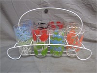 Vintage Flower Glasses In Wire Carrier