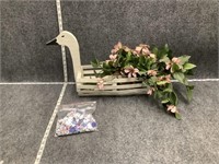 Swan Wood Basket w Faux Flowers and 3D Puzzle