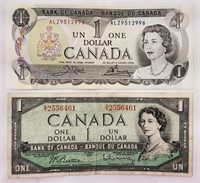 2x Billet de UN DOLLAR canadien 1954 et 1973