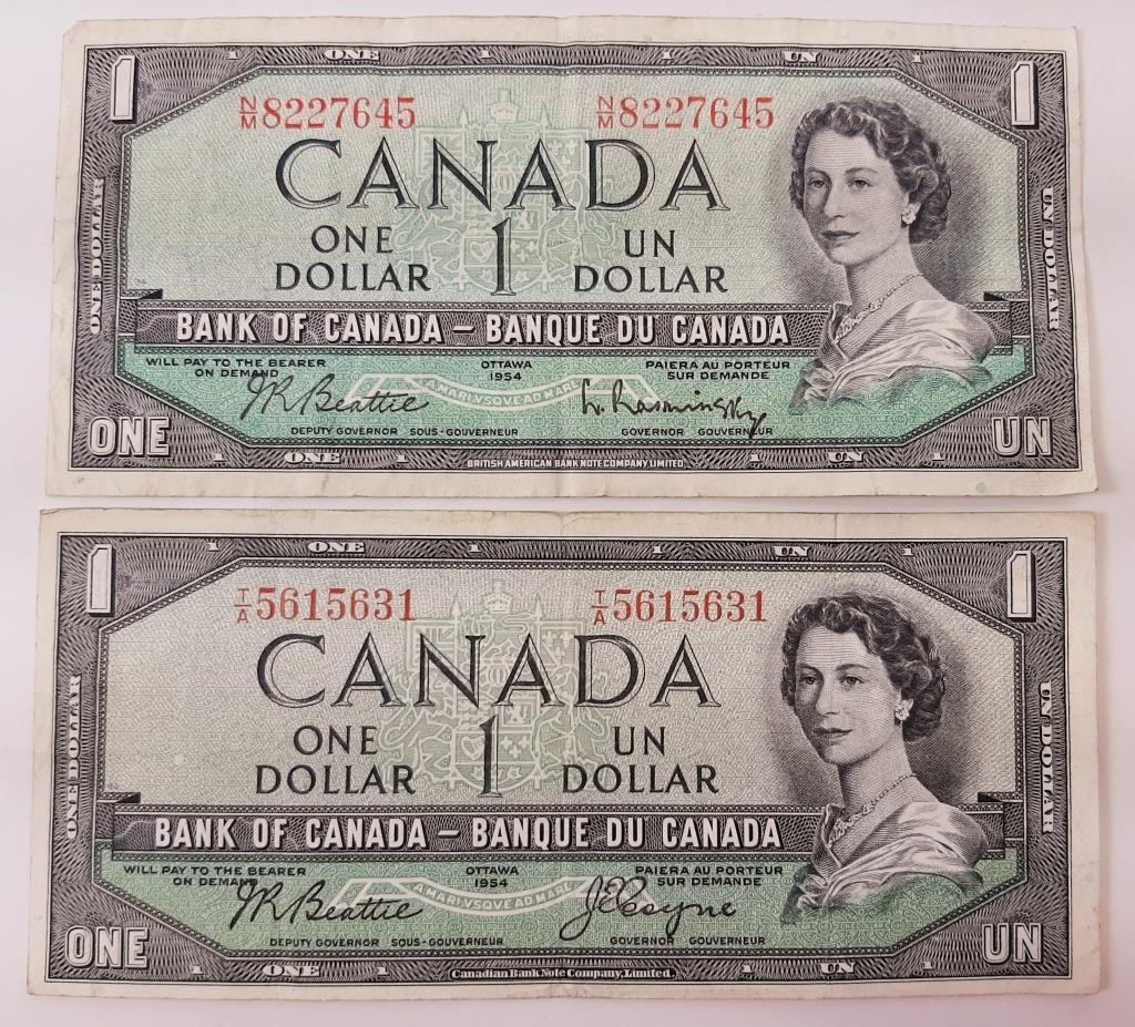 2x Billet de UN DOLLAR canadien 1954