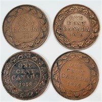 4x GROS SOU 1¢ du Canada 1913, 1917, 1918 et 1920