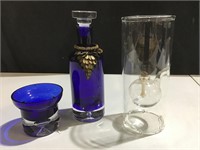 Cobalt bottle, candle holder; wolford oil lamp