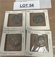 4 - 1950 to 1954 silver quarters