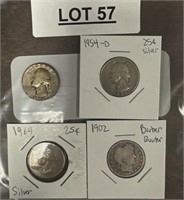 3- 54-64 quarters and 1902 Barber quarter