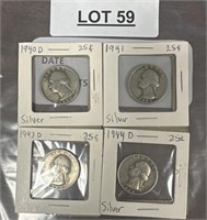 4 - 1940 to 1944 silver quarters