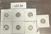 7 Mercury dimes ranging from 1936 to 1943