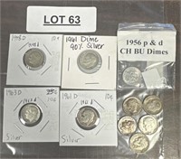 Multiple dimes ranging from 1948 to 1963